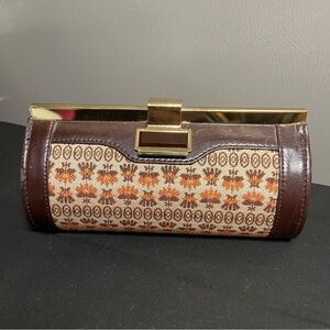 Japanese Tapestry Clutch. Imported from Japan.Leather trim w/ gold tone hardware